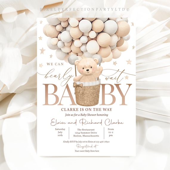 Editable Teddy Bear Hot Air Balloon Baby Shower Invitation Gender Neutral Teddy Bear Baby Shower We Can Bearly Wait Instant Download 6H Il_570xn
