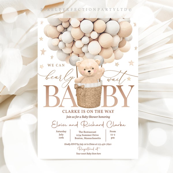 Ours en peluche modifiable montgolfière Baby Shower Invitation sexe neutre ours en peluche Baby Shower nous pouvons Bearly attendre Téléchargement instantané 6H