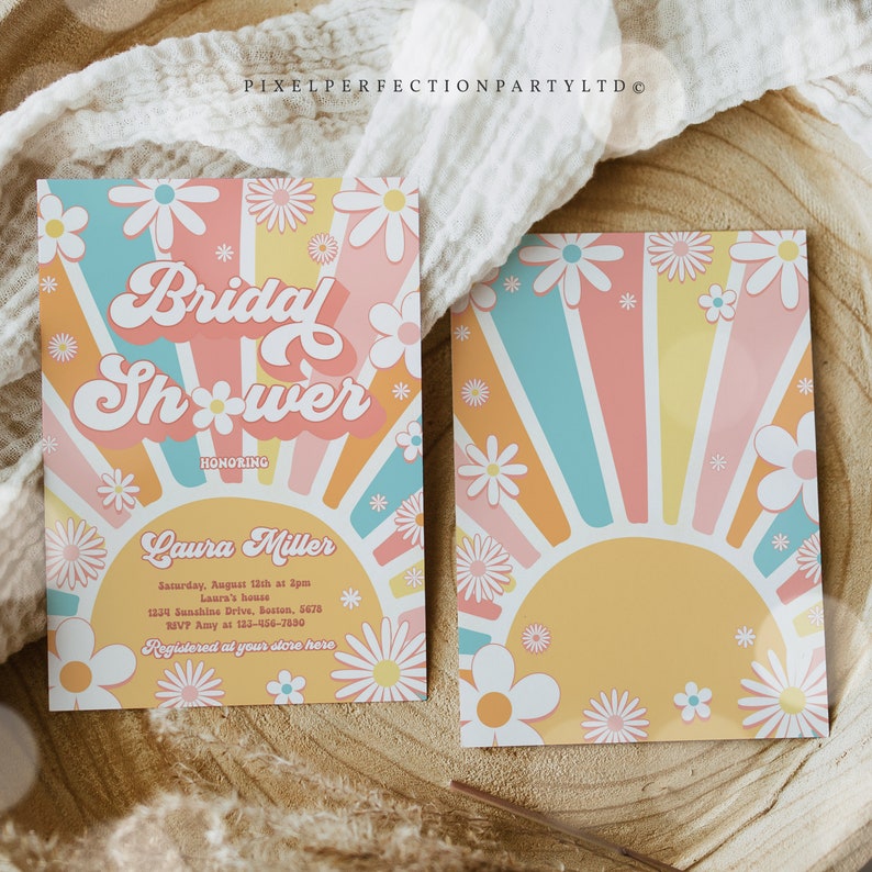 Editable Retro Bridal Shower Invitation Retro Bohemian Hippie Vibes Daisy 70s Flower Power Bridal Shower Invitation Instant Download 4R6 画像 6