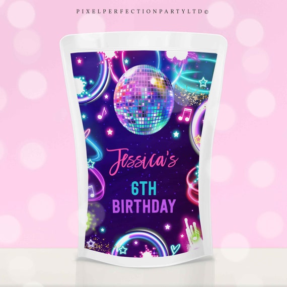 Editable Dance Party Juice Favors Neon Glow Dance Party Capri Sun
