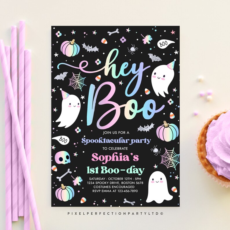Editable Halloween Pastel Ghost Birthday Invitation Hey Boo Etsy