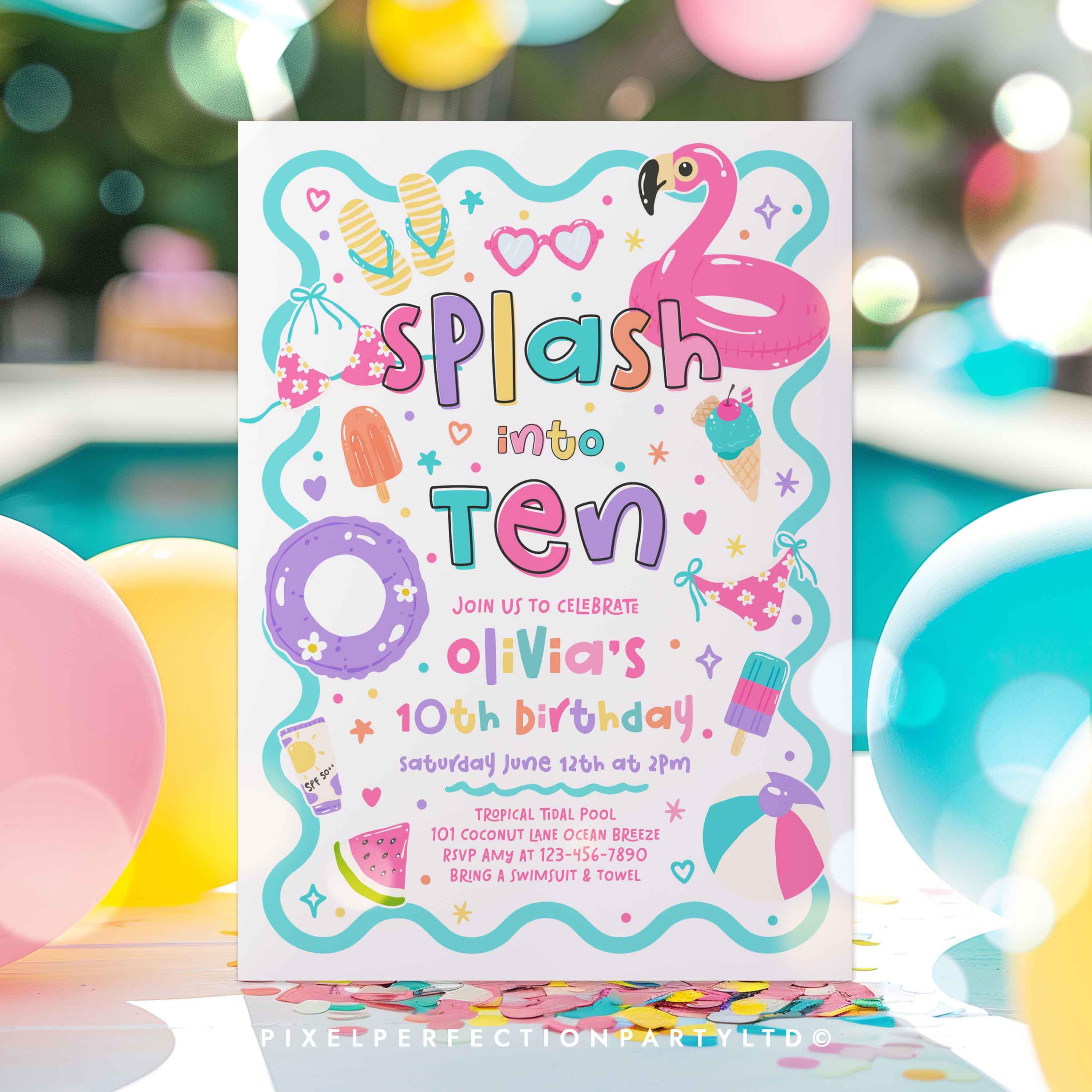 Editable Splash Into Ten Pool Party Birthday Invitation, 10th Birthday ...