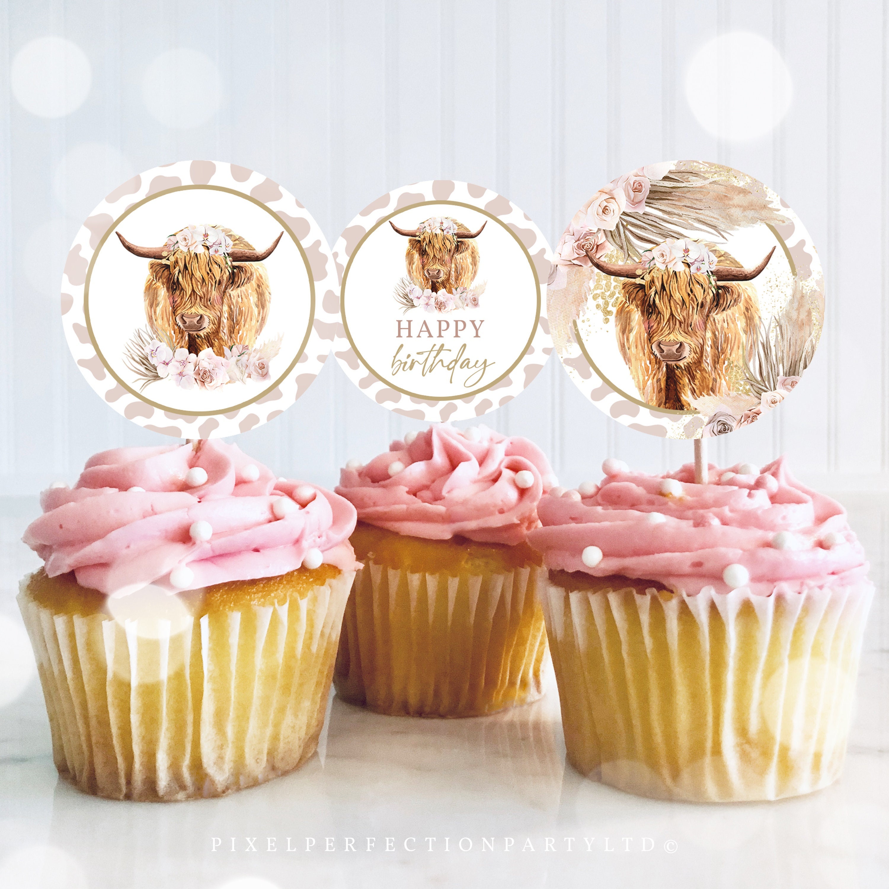 12 x 2 / 5cm Cute Highland Cow cupcake toppers wafer paper or icing