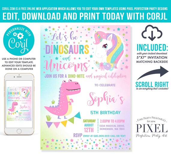 Unicorn And Dinosaur Birthday Invitation Girly Unicorn And Dinosaur Party Girl Dinosaur And Unicorn Party Instant Download Editable Pdf 19 By Pixel Perfection Party Ltd Catch My Party