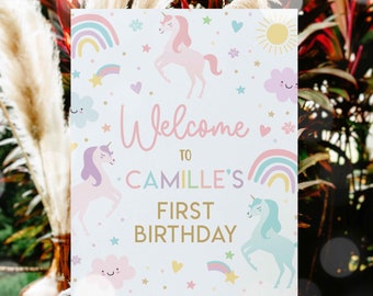 Editable Unicorn Birthday Welcome Sign Magical Pastel Rainbow Unicorn Birthday Party Whimsical Fairytale Unicorn Party Instant Download UY6