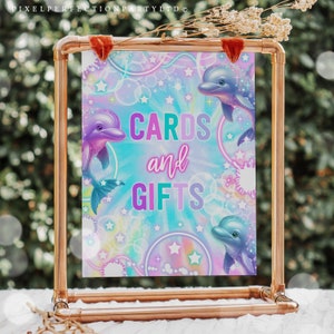 Cartes et cadeaux de fête d'anniversaire de dauphin Signe Tie Dye Neon Glow Rainbow Dolphin Under The Sea Party Décorations Téléchargement instantané KD