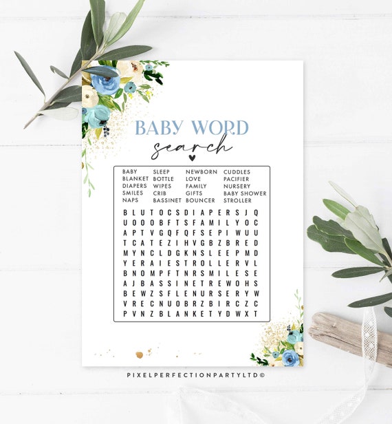 Watercolor Floral Baby Word Search Game Blue Watercolor Floral Baby Word Search Game Baby Shower Games Instant download FD Il_570xn