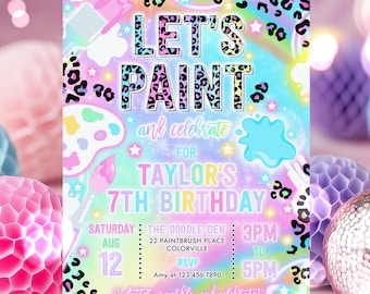 Editable Pottery Painting Birthday Party Invitation Rainbow Leopard Print Neon Glow Paint & Celebrate Arts Crafts Party Instant Download YT8