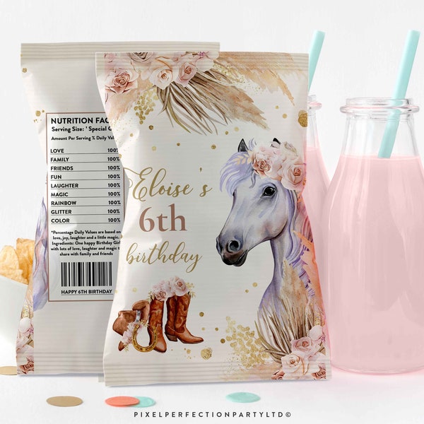 Editable Horse Birthday Chip Bag Wrapper Labels Muted Pink Boho Pampas Grass Cowgirl Horse Birthday Chip Party Favors Instant Download R9
