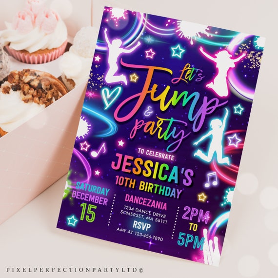 Editable Jump Birthday Party Invitation Neon Glow Jump Birthday Party Glow Jump Trampoline Party Let's Jump Party Instant Editable File IU Il_570xn