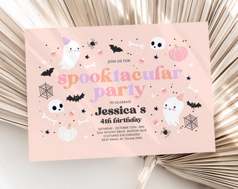 Editable Halloween Pink Ghost Birthday Invitation Girly Cute Pumpkin Ghost Birthday Party Spooktacular Halloween Party Instant Download DS