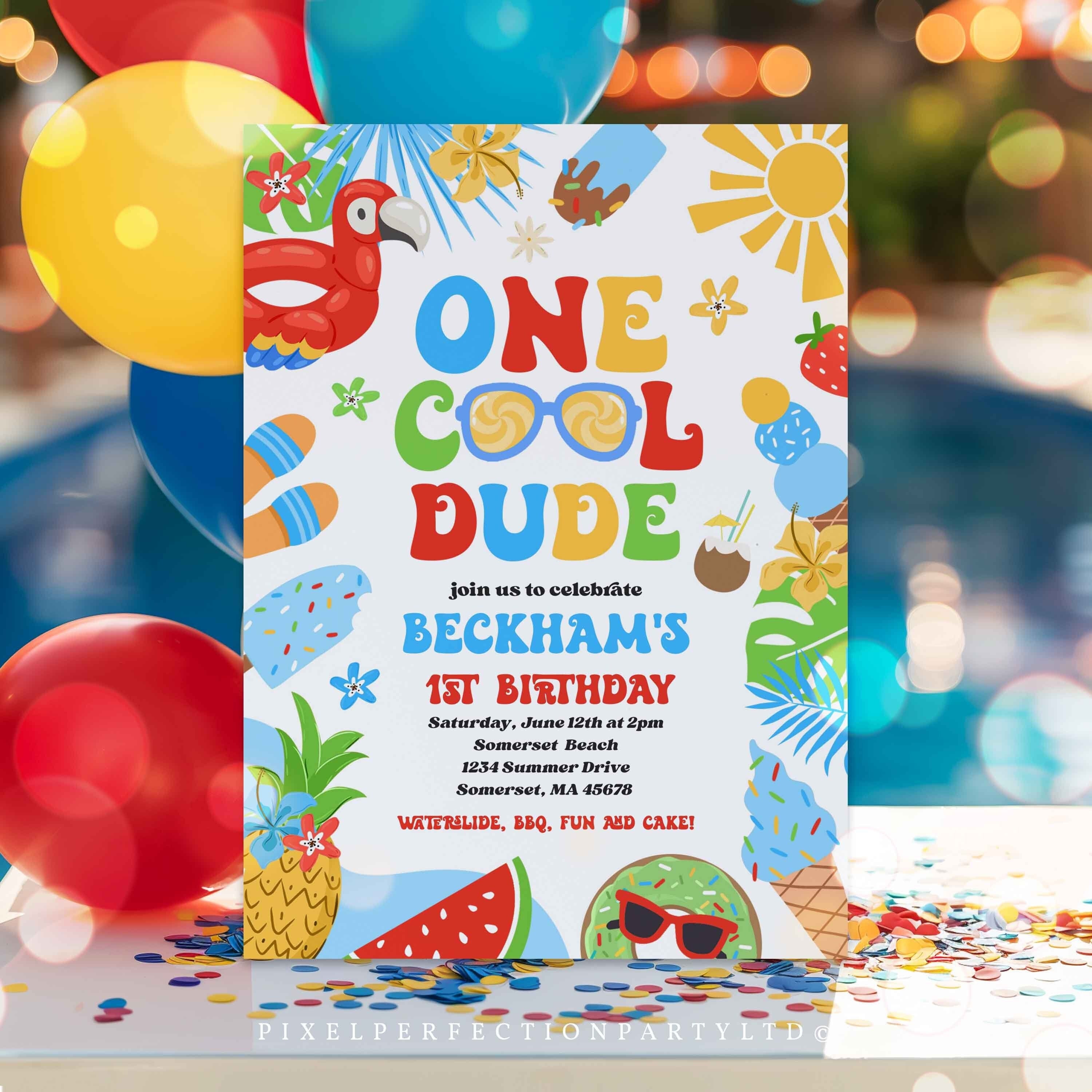 Editable One Cool Dude Birthday Party Invitation Tropical Splish