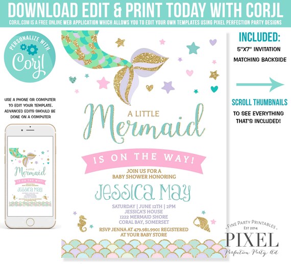 Mermaid Baby Shower Invitation Little Mermaid Baby Shower Invitation Teal Pink Purple Gold Under The Sea Shower Instant Download Editable V4 Il_570xn