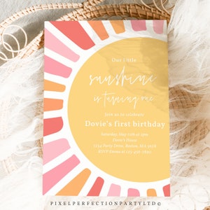 Editable Our Little Sunshine 1st Birthday Invitation Girl Boho Sunshine Birthday 1st Trip Around The Sun Birthday Party Instant Download SL