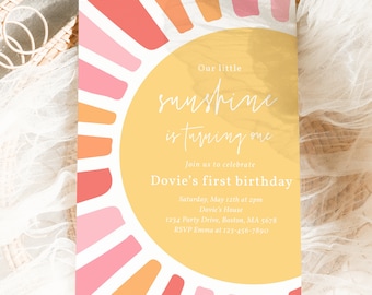 Editable Our Little Sunshine 1st Birthday Invitation Girl Boho Sunshine Birthday 1st Trip Around The Sun Birthday Party Instant Download SL