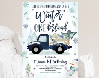 Editable Winter ONEderland Invitation Winter Truck 1st Birthday Invitation Rustic Navy Truck Winter ONEderland Party Instant Download WT