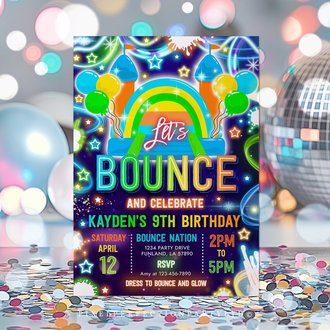 Editable Bounce House Birthday Party Invitation Neon Glow Bouncy Castle Il 1080xN.5933517361 T2i2