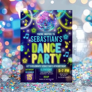 May include: A neon blue and green invitation for a dance party. The invitation features a disco ball, music notes, and stars. The text on the invitation reads "You're invited to Sebastian's Dance Party. Let's celebrate Sebastian's 8th birthday. Glowdome 1234 Dance Drive Somerset, MA 56111 RSVP Emma at 565.909.909 5-7 PM Wear neon or white to glow party!"