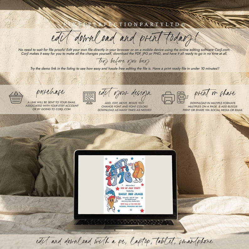 Op de afbeelding: Een laptop toont een kleurrijk uitnodigingsontwerp voor een 4 juli-feest. De uitnodiging bevat cartoon illustraties van een hotdog, een ijsje en de tekst "Party Like It's 1776". De afbeelding bevat ook instructies voor het bewerken en afdrukken van het ontwerp.