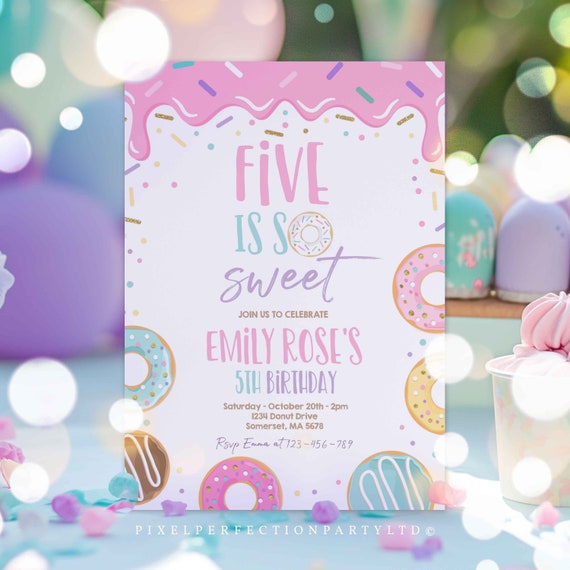 Editable Donut Five Is Sweet Birthday Invitation Girl Donut 5th Birthday Party Pink Donut Birthday Party Instant Download Editable Corjl E2