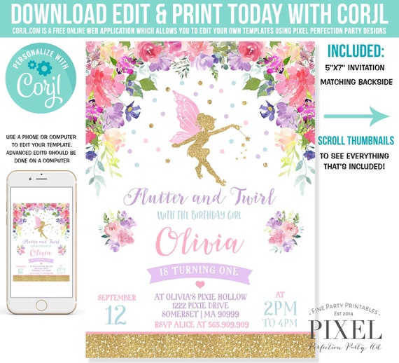 Fairy Invitation Fairy Birthday Invitation Whimsical Enchanted Pixie Party Magical Floral Fairy Party Instant Download Editable Corjl 3E Il_570xn