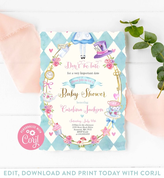 Alice in Wonderland Baby Shower Invitation Alice In Wonderland Pink and Blue Baby Shower Tea Party Baby Shower Instant Download Editable 8Z Il_570xn
