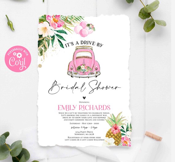 Printable Blue Floral Drive By Bridal Shower Parade Invitation Bobotemp