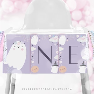 Halloween Ghost 1st Birthday Party Highchair Banner Spooky One Holographic Ghost Halloween 1st Birthday Party Decor Instant Download 45D