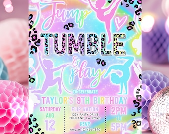 Editable Gymnastics Birthday Party Invitation Rainbow Leopard Neon Glow Jump Tumble Play Gymnastics Birthday Party Instant Download YT8