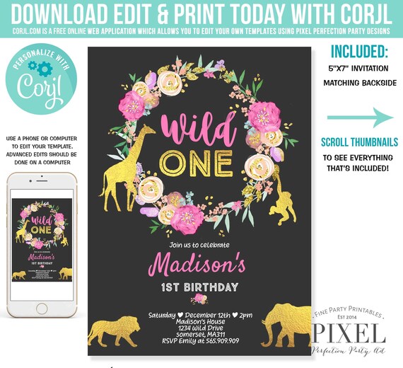 Wild One Birthday Invitation Safari Animals Invitation Jungle Safari Animal Party Pink Gold Wild One Party Instant Download Editable File E9 Il_570xn