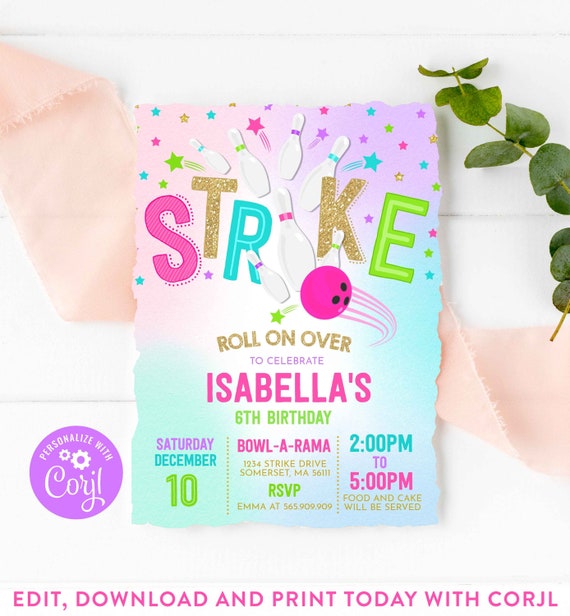Bowling Invitation Bowling Birthday Invitation Strike Bowling Party Bowling Party Girl Bowling Party Instant Editable File Corjl K2 Il_570xn