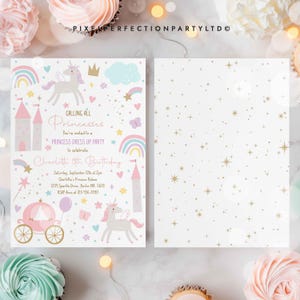 May include: A pink and white princess-themed birthday invitation featuring a unicorn, a castle, a rainbow, and a carriage. The invitation reads "Calling All Princesses You're invited to a Princess Dress Up Party to celebrate Charlotte's 5th Birthday".