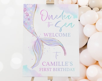 Editable Mermaid Oneder The Sea 1st Birthday Welcome Sign Whimsical Purple Mint Gold Mermaid Under The Sea Party Decor Instant Download ZL