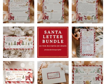 May include: A printable Santa letter bundle with a red and white striped design. The bundle includes a letter to Santa, a Christmas wish list, a nice list, a special delivery tag, and a Santa Claus letter.
