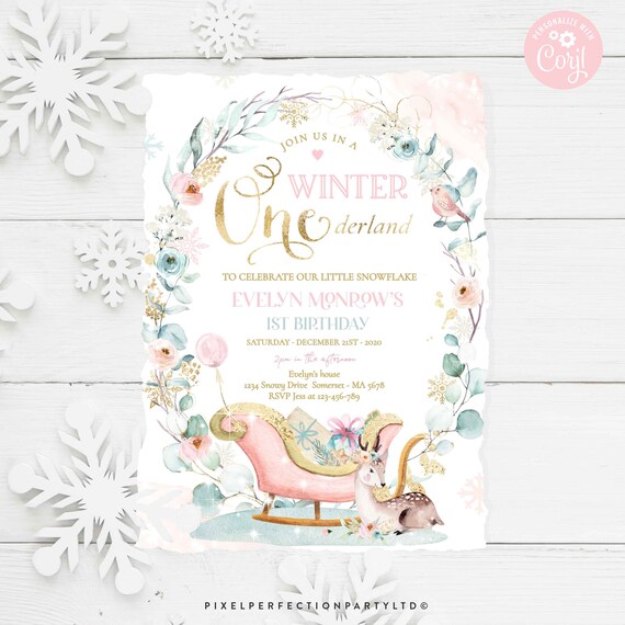 Editable WINTER ONEderland Invitation Blush Pink & Gold Whimsical Deer Winter Birthday Winter Floral Snowflake Party Instant Download AC Il_570xn