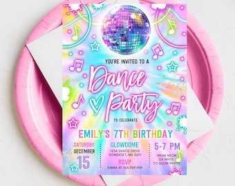 Editable Dance Party Invitation Tie Dye Dance Party Invitation Glow Tie Dye Dance Party Neon Glow Disco Dance Party Instant Download TN