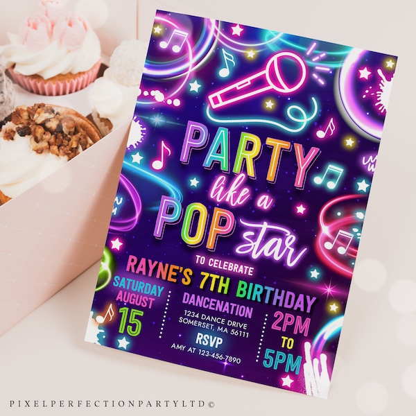 Editable Pop Star Birthday Party Invitation Neon Glow Party Like A Popstar Birthday Party Neon Glow Singing Music Party Instant Download C2