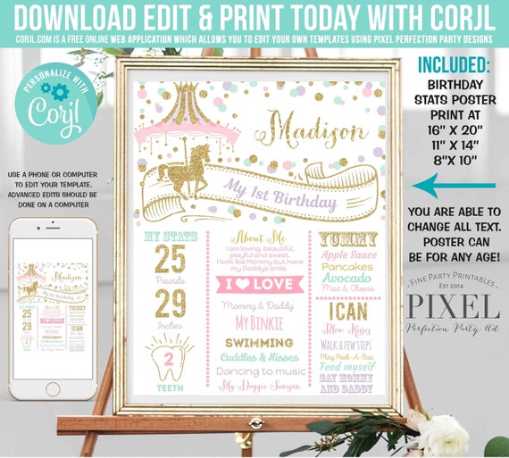 Carousel Birthday Poster Carousel Milestone Birthday Poster Pink Lilac & Gold Carousel First Birthday Party Instant Editable File Corjl M3 Il_570xn