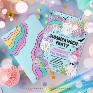 Editable Summerween Birthday Party Invitation Summer Halloween Ghost Birthday Groovy Rainbow Ghost Summer Pool Party Instant Download 37Y image 5