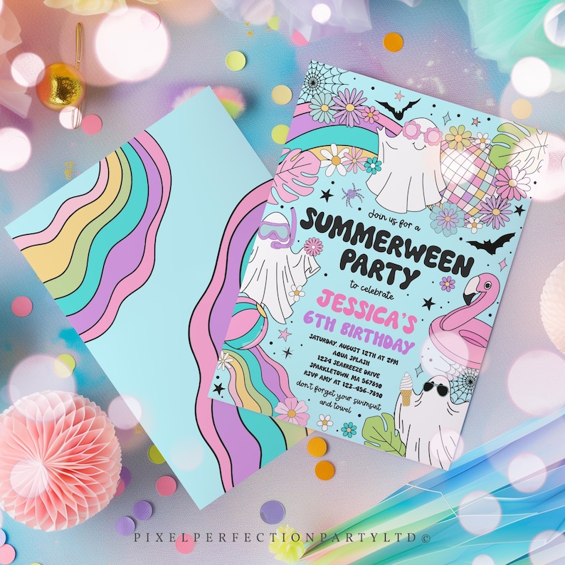 Editable Summerween Birthday Party Invitation Summer Halloween Ghost Birthday Groovy Rainbow Ghost Summer Pool Party Instant Download 37Y image 5