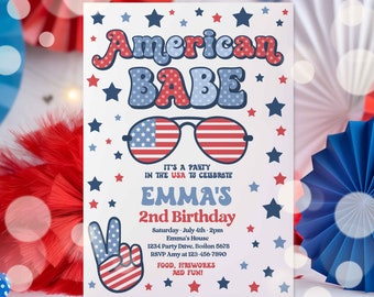 Editable 4th Of July Birthday Party Invitation Retro American Babe Birthday Party Invite America Vibes Birthday Party Instant Download AV