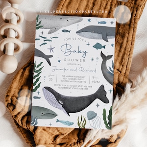 Editable Whale Baby Shower Invitation  Under the Sea Baby Shower Invitation Ocean Baby Shower Sea Life Baby Shower Instant Download ER4