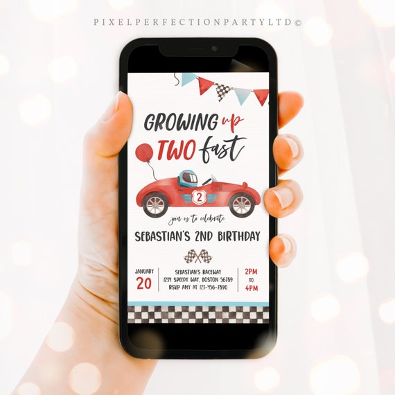Editable Two Fast Birthday Evite Invitation Growing Up Two Fast Race Car 2nd Birthday Electronic Text Message Invite Instant Download VR