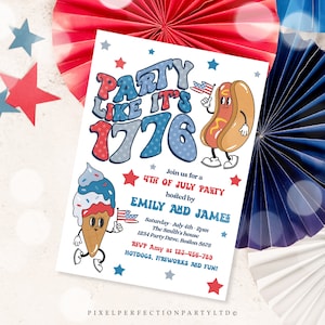 Op de afbeelding: Een witte uitnodiging met de tekst "Party Like It's 1776" in rood en blauw. De uitnodiging bevat cartoon illustraties van een hotdog en een ijsje met Amerikaanse vlaggen, en details voor een 4 juli feest.