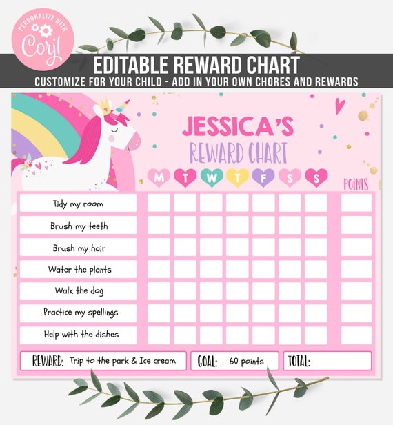 Editable Unicorn Reward Chart Unicorn Kids Chore Chart Kids Unicorn Routine Chart Kids Responsibility Chore Chart Instant Download File Il_570xn