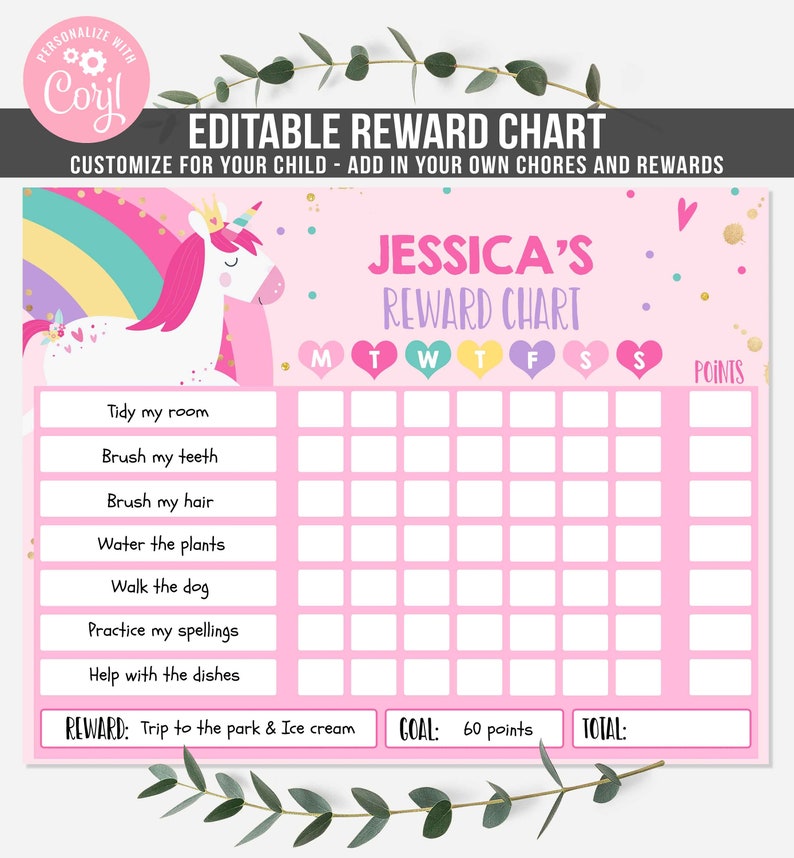 editable unicorn reward chart unicorn kids chore chart kids etsy
