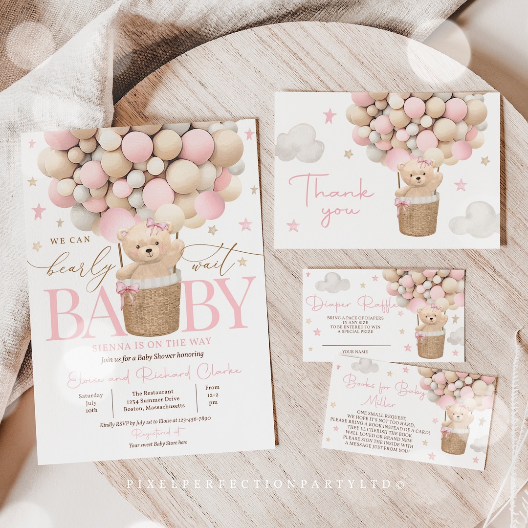 Editable Girl Pink Teddy Bear Hot Air Balloon Baby Shower Invitation ...