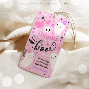 Editable Pink Halloween Ghost Birthday Party Favor Tags Cute Ghost Spooky One Two Spooky Favors Spooktacular Halloween Instant Download F4