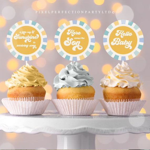 Sunshine Baby Shower Cupcake Toppers Here Come The Son Baby Shower