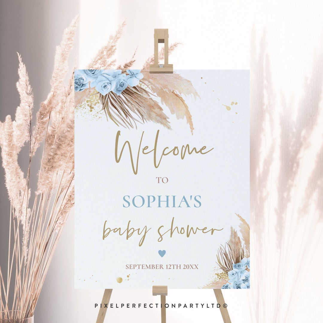 Editable Pampas Grass Baby Shower Welcome Sign Muted Blue Pampas Grass ...